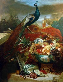 Still Life with Peacock and Fruits in Chinese Bowl | Abraham Beyeren | Painting Reproduction