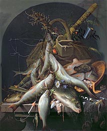 A Still Life of Fish and Fishing Tackle | Abraham Mignon | Gemälde Reproduktion