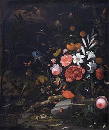 Still Life with Flowers and Animals, 1670 by Abraham Mignon | Painting Reproduction