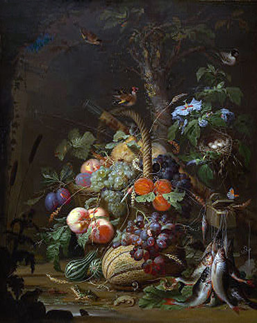 Still Life with Fruit, Fish and a Nest, c.1675 | Abraham Mignon | Gemälde Reproduktion