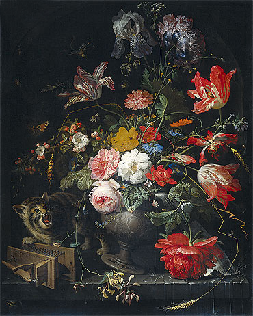 Still Life with Flowers, Cat and Mousetrap, c.1670/80 | Abraham Mignon | Gemälde Reproduktion