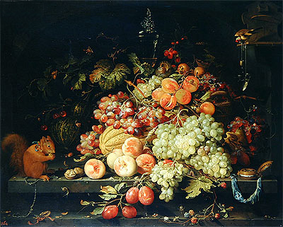 Still Life with Fruit, Squirrel and Goldfinch, n.d. | Abraham Mignon | Gemälde Reproduktion