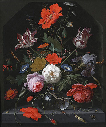 Flowers in a Glass Vase on a Ledge, c.1665/70 | Abraham Mignon | Painting Reproduction