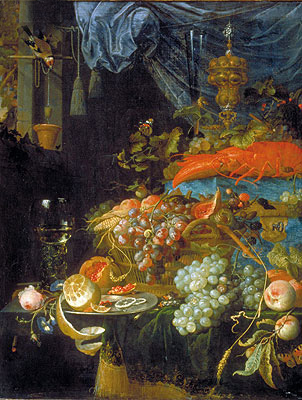 Stillleben mit Früchten und einem Stieglitz, 1679 von Abraham Mignon | Gemälde-Reproduktion