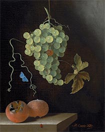 Still Life with a Hanging Bunch of Grapes, Two Medlars, and a Butterfly, 1687 by Adriaen Coorte | Painting Reproduction