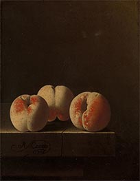 Drei Pfirsiche auf Steinsockel, 1705 von Adriaen Coorte | Gemälde-Reproduktion