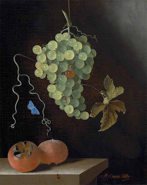 Still Life with a Hanging Bunch of Grapes, Two Medlars, and a Butterfly, 1687 | Adriaen Coorte | Gemälde Reproduktion