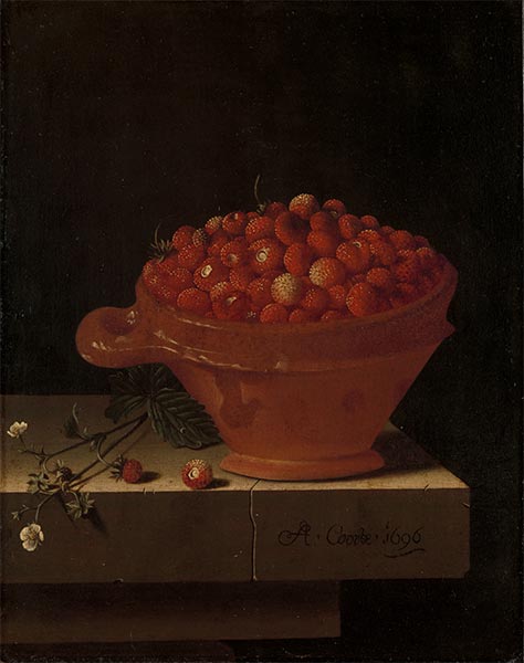 Eine Schale mit Erdbeeren auf einem Steinsockel, 1696 | Adriaen Coorte | Gemälde Reproduktion