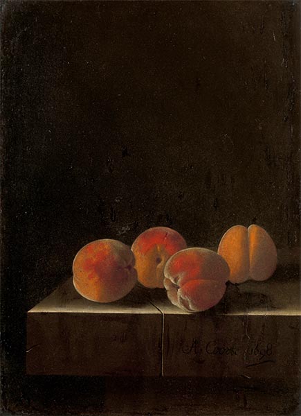 Vier Aprikosen auf Steinsockel, 1698 | Adriaen Coorte | Gemälde Reproduktion