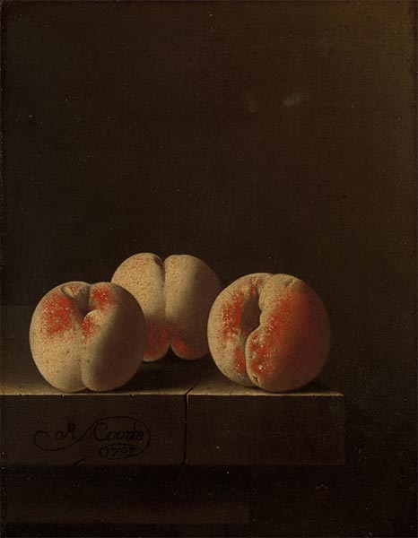 Drei Pfirsiche auf Steinsockel, 1705 | Adriaen Coorte | Gemälde Reproduktion