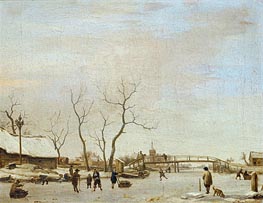 Frozen Canal with Skaters and Hockey Players, 1668 by Adriaen van de Velde | Painting Reproduction