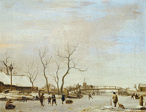Frozen Canal with Skaters and Hockey Players, 1668 | Adriaen van de Velde | Painting Reproduction