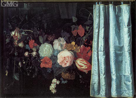 Still Life with Flowers and Curtain, 1658 | Adrian van der Spelt | Painting Reproduction