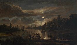 Moonlight Landscape with Wide Channel, undated by Aert van der Neer | Painting Reproduction