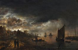 River Landscape in the Moonlight, c.1645/48 by Aert van der Neer | Painting Reproduction