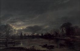 Moonlit Landscape, c.1650 by Aert van der Neer | Painting Reproduction