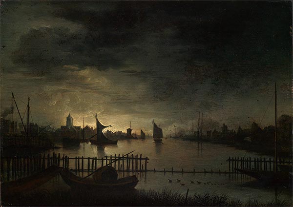 Mondscheinlandschaft mit einer Stadt an breitem Kanal, undated | Aert van der Neer | Gemälde Reproduktion