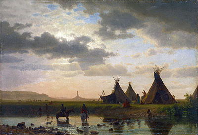 Blick auf Chimney Rock, Ohalilah Sioux-Dorf im Vordergrund | Bierstadt | Gemälde Reproduktion