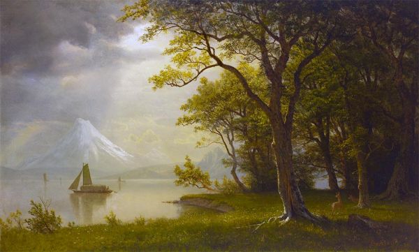 Mount Hood, Columbia River, 1870 von Bierstadt | Gemälde-Reproduktion