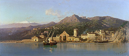 View of Taormina, Sicily, Mount Etna in the Background, 1868 | Alessandro la Volpe | Painting Reproduction