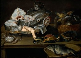 Still Life with Fishes, Seafood, Poultry and a Cat | Alexander Adriaenssen | Painting Reproduction