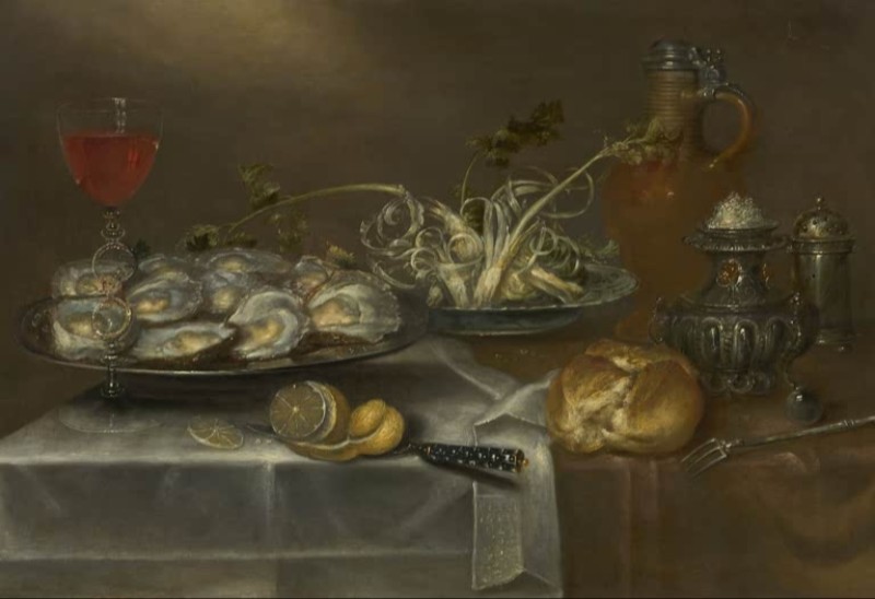 Still Life with Oysters, Wine Glass and a Small Sugar Barrel, c.1640/55 | Alexander Adriaenssen