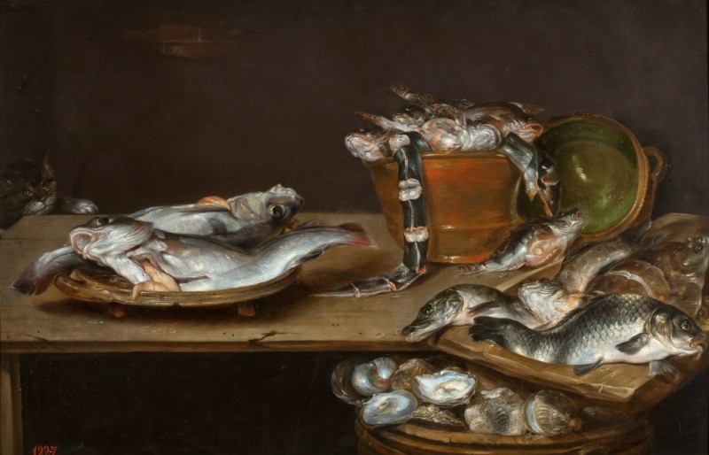 Still Life of Fish and Oysters with a Cat, n.d. | Alexander Adriaenssen