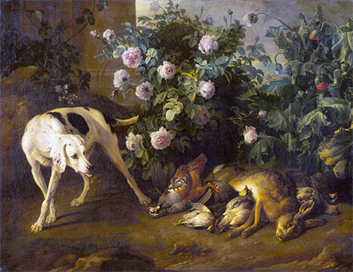 Hund Bewachung Spiel in der Nähe eines Rosenbusch, 1724 | Alexandre-François Desportes | Gemälde Reproduktion