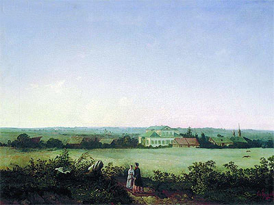 View of Vicinities of Moscow with Manor and Two Female Figures, 1850 | Alexey Savrasov | Gemälde Reproduktion
