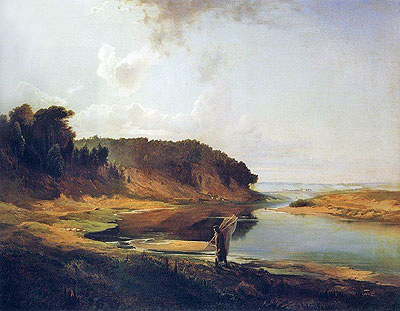 Landscape with River and Fisherman, 1859 | Alexey Savrasov | Gemälde Reproduktion