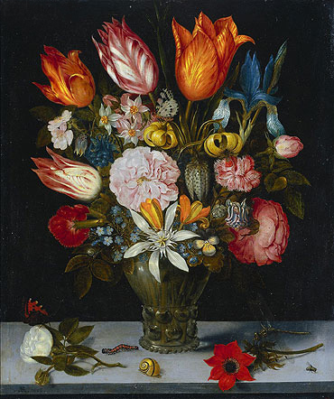 Flowers in a Glass, 1606 | Ambrosius Bosschaert | Painting Reproduction