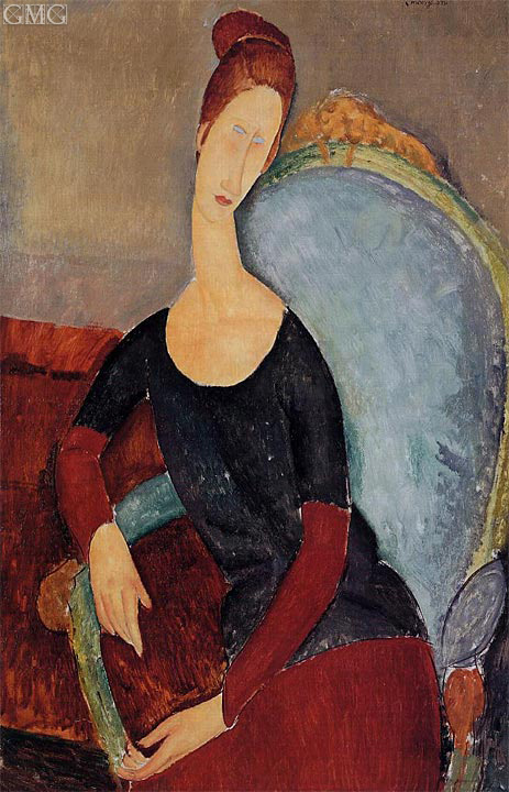 Porträt von Jeanne Hebuterne in Sessel sitzend, 1918 | Modigliani | Gemälde Reproduktion