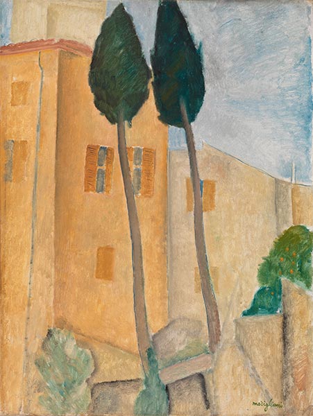Cypresses and Houses at Cagnes, 1919 | Modigliani | Painting Reproduction