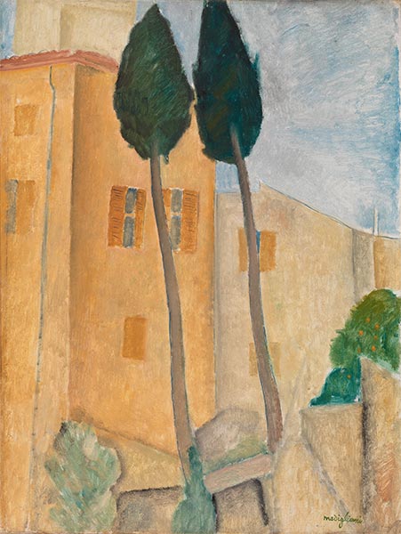 Zypressen und Häuser in Cagnes | Modigliani | Gemälde Reproduktion