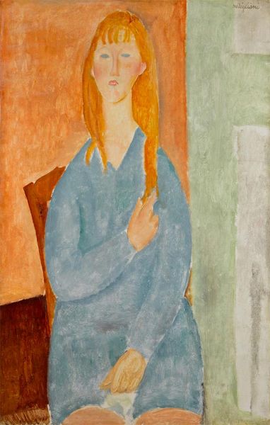 Sitzendes junges Mädchen mit offenem Haar (Junges Mädchen in Blau), 1919 | Modigliani | Gemälde Reproduktion