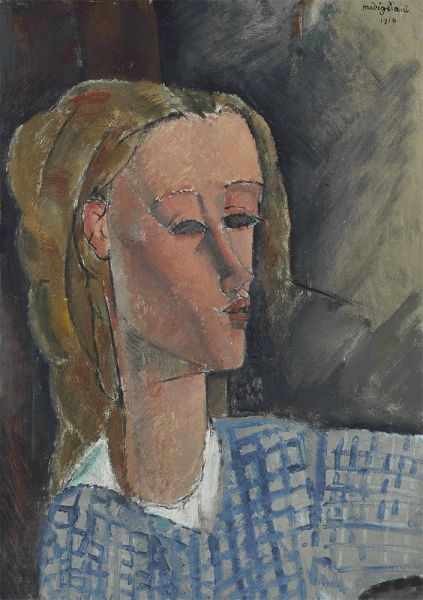 Beatrice Hastings mit kariertem Hemd, 1916 von Modigliani | Gemälde-Reproduktion