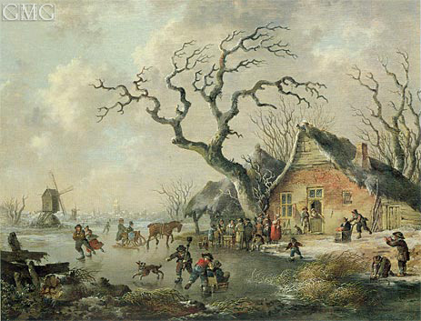 A Winter Landscape with Figures Skating on a ..., 1799 by Andries Vermeulen | Painting Reproduction