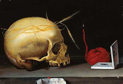 Vanitas Still Life with Skull, Wax Jack and Pocket Sundial, c.1620 | Anonymous German Master | Painting Reproduction