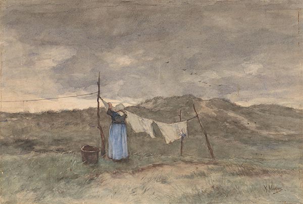 Eine Frau breitet Wäsche auf den Dünen aus, c.1848/88 | Anton Mauve | Gemälde Reproduktion