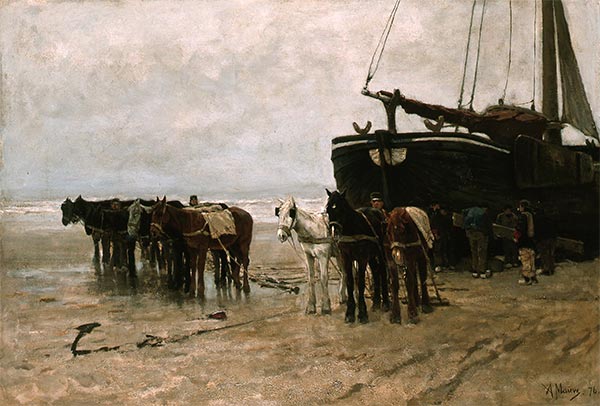 Fishing Boat and Draught-Horses on the Beach, 1876 | Anton Mauve | Painting Reproduction