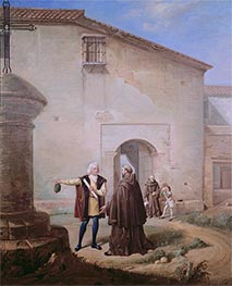 Die Franziskanermönche des Klosters Santa Maria de la Rabida geben Christoph Kolumbus und seinem Sohn Diego Brot und Wasser, 1858 von Antonio Cabral Bejarano | Gemälde-Reproduktion