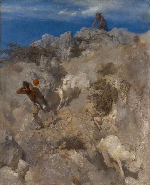 Pan erschreckt einen Hirten (Panischer Schrecken), 1859 | Arnold Bocklin | Gemälde Reproduktion