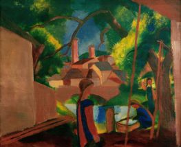 Children by the Fountain with Town in the Background | August Macke | Painting Reproduction
