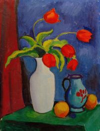 Red Tulips in White Vase | August Macke | Painting Reproduction