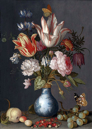 Flowers in a Blue and White Gilt Vase, undated | van der Ast | Painting Reproduction