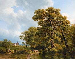 A Summer Landscape with Cows Watering, a Castle in the Distance | Barend Cornelius Koekkoek | Painting Reproduction