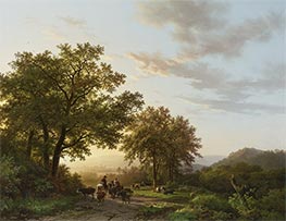 Reisende mit Rindern und Eseln auf sonnenbeschienenem Weg in rheinischer Panoramalandschaft | Barend Cornelius Koekkoek | Gemälde Reproduktion