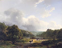 Entladen des Lastkahns in einer hügeligen Landschaft, 1831 von Barend Cornelius Koekkoek | Gemälde-Reproduktion