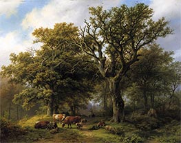 A Herdsman and His Cattle Resting Under an Oak Tree, a Ruin in the Distance | Barend Cornelius Koekkoek | Painting Reproduction