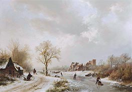 Winterlandschaft mit Figuren auf einem Weg und Schlittschuhläufern auf einem zugefrorenen Wasserweg | Barend Cornelius Koekkoek | Gemälde Reproduktion